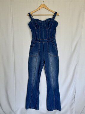 Bebe Blue Stretch Denim Sweetheart Corset Strap‎ Flare Leg Jumpsuit Size 12 Tall